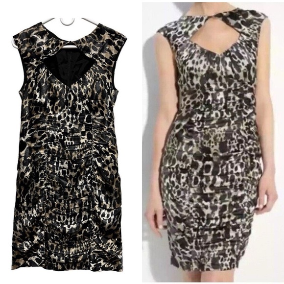 Nanette Lepore Dress Size 8‎ 100% Silk Peek-A-Boo Bodycon Animal Print BBA - Picture 1 of 12
